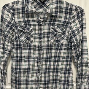 Guess Jeans BLUE/WHITE Checkered Pearl Button Long Sleeve Shirt Women’s Sz M